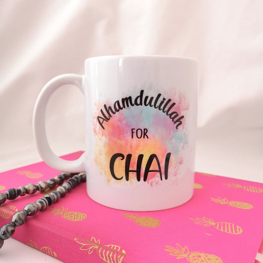 Alhamdulillah for chai mug. This handmade tea mug can be given as a gift or purchased for yourself. Ramadan gift. Eid gift. Any chai lover would enjoy this beautiful mug. It is durable and printed by hand, Best of all it is machine washable.