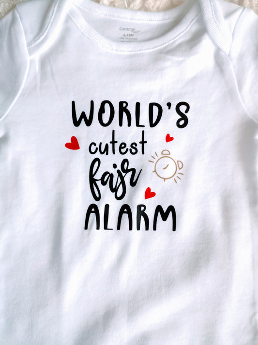 world's cutest fajr alarm onesie, muslim baby outfit, islamic baby clothes, muslim baby apparel, funny muslim baby gift