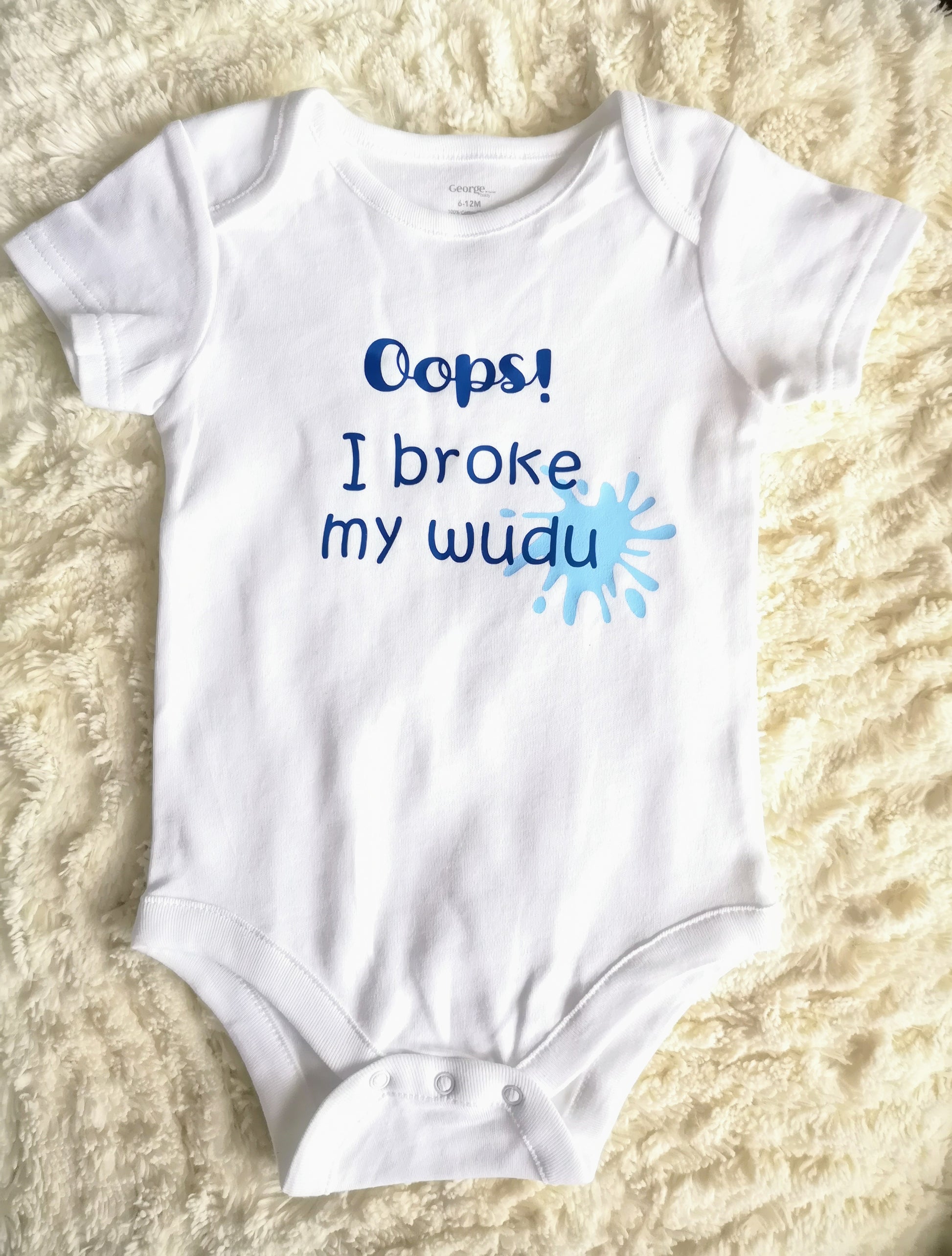 oops i broke my wudu onesie, muslim baby clothing, muslim baby gift, funny islam baby gift