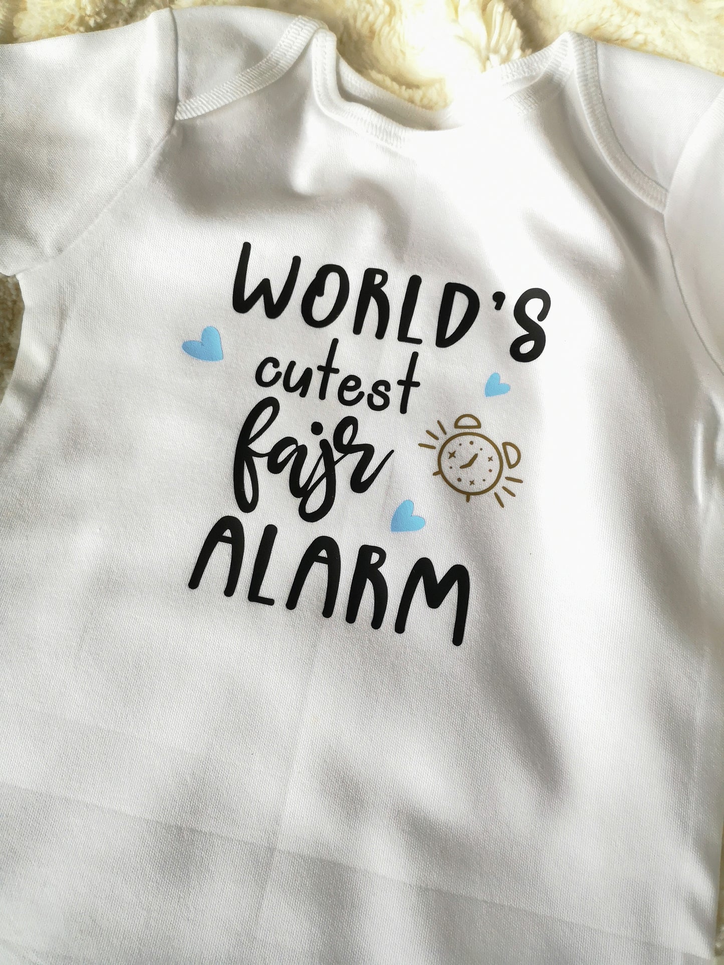 world's cutest fajr alarm onesie, muslim baby outfit, islamic baby clothes, muslim baby apparel, funny muslim baby gift