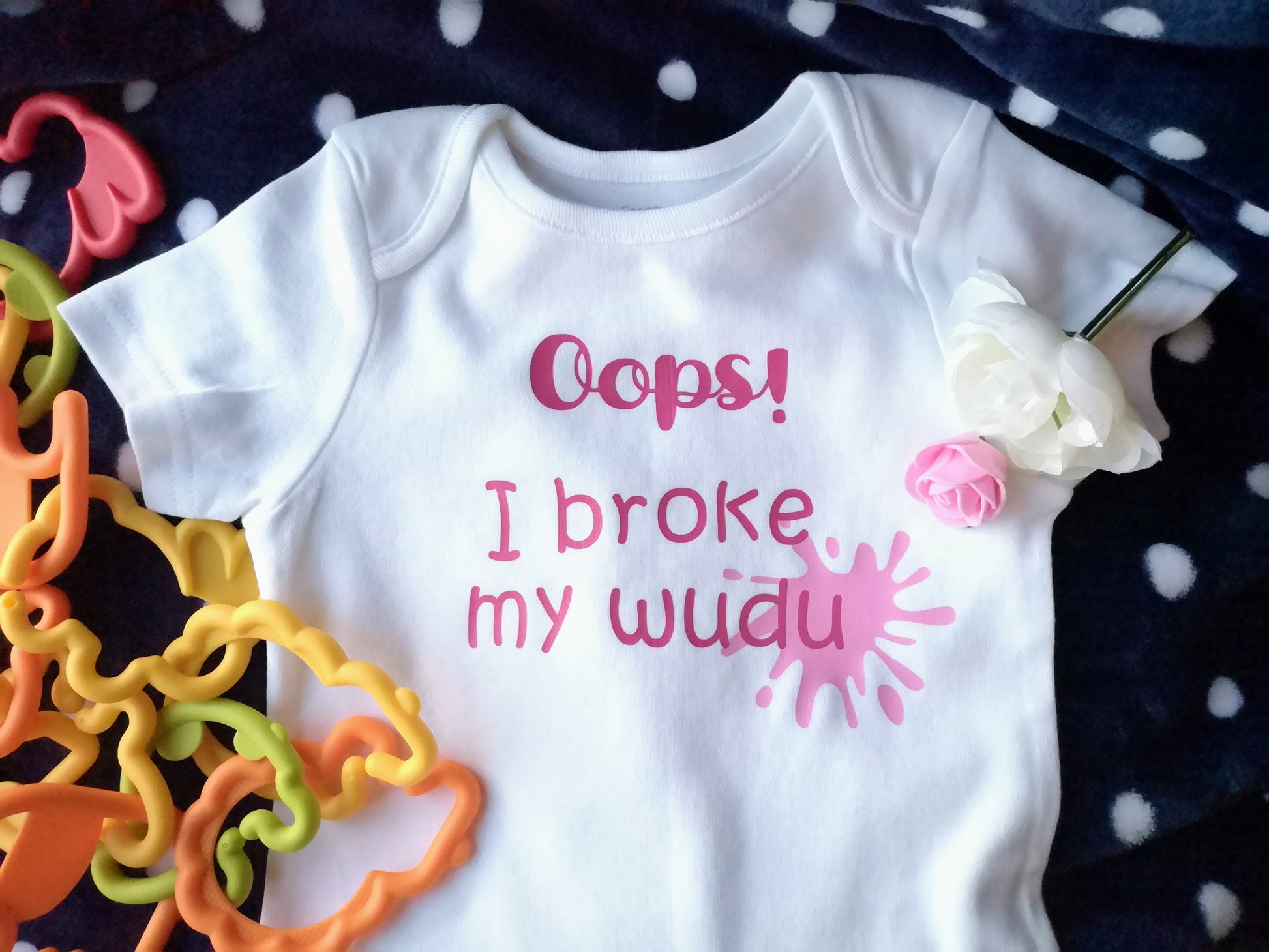 oops i broke my wudu onesie, muslim baby clothing, muslim baby gift, funny islam baby gift