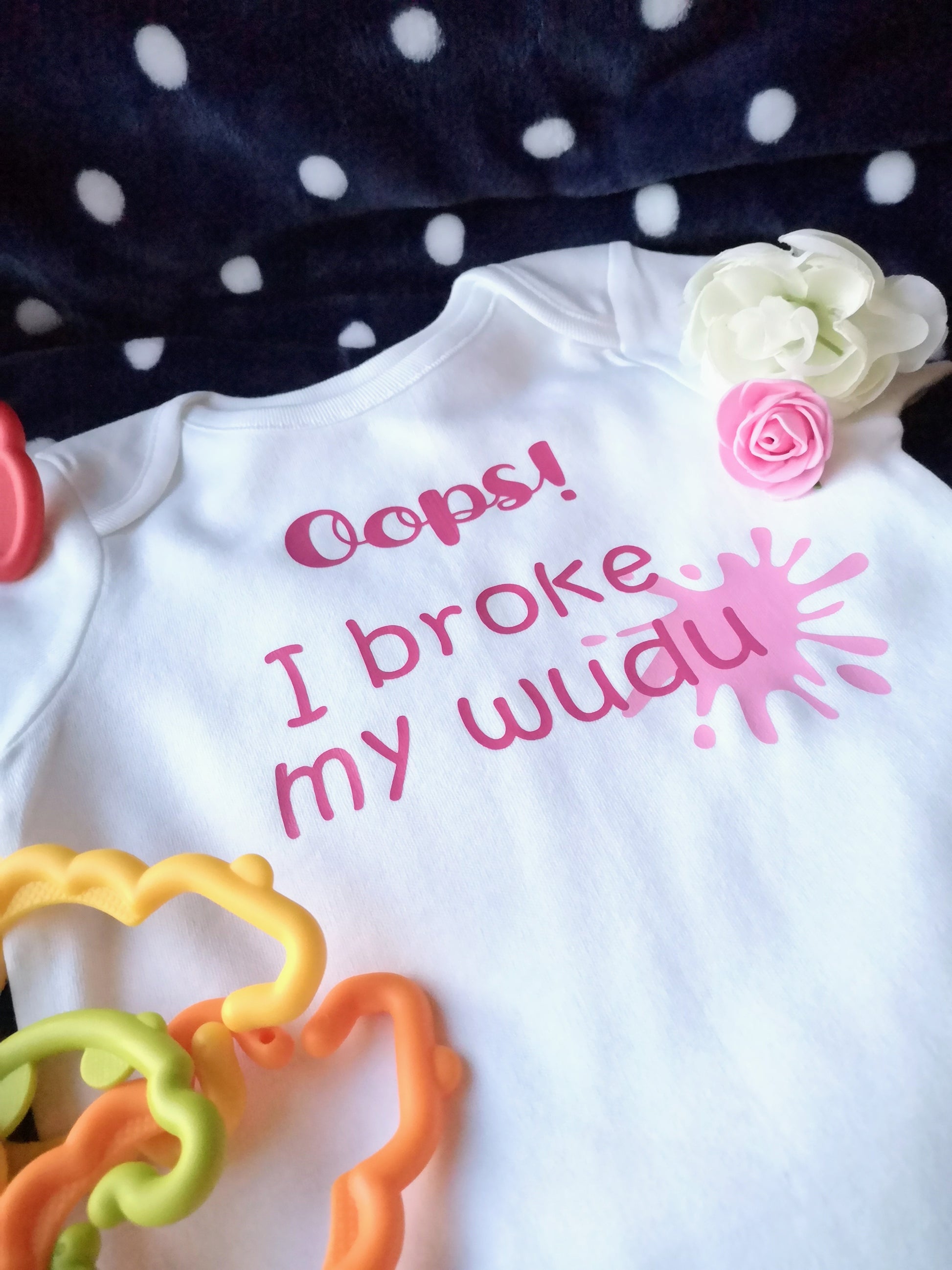 oops i broke my wudu onesie, muslim baby clothing, muslim baby gift, funny islam baby gift