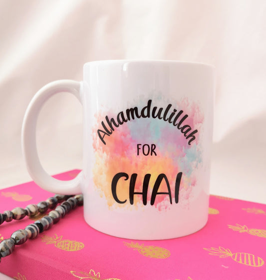 Alhamdulillah for chai mug. This handmade tea mug can be given as a gift or purchased for yourself. Ramadan gift. Eid gift. Any chai lover would enjoy this beautiful mug. It is durable and printed by hand, Best of all it is machine washable.
