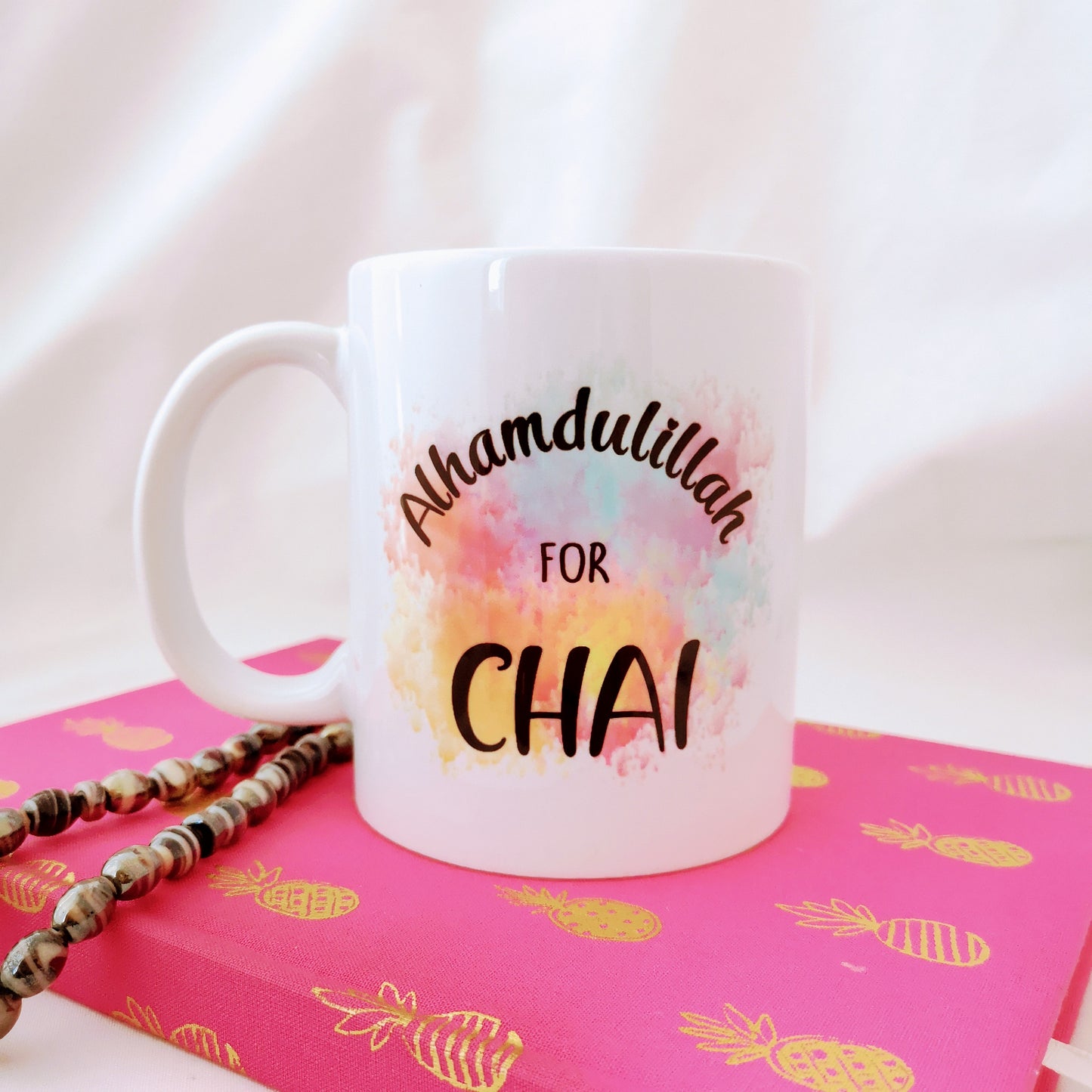 Alhamdulillah for chai mug. This handmade tea mug can be given as a gift or purchased for yourself. Ramadan gift. Eid gift. Any chai lover would enjoy this beautiful mug. It is durable and printed by hand, Best of all it is machine washable.