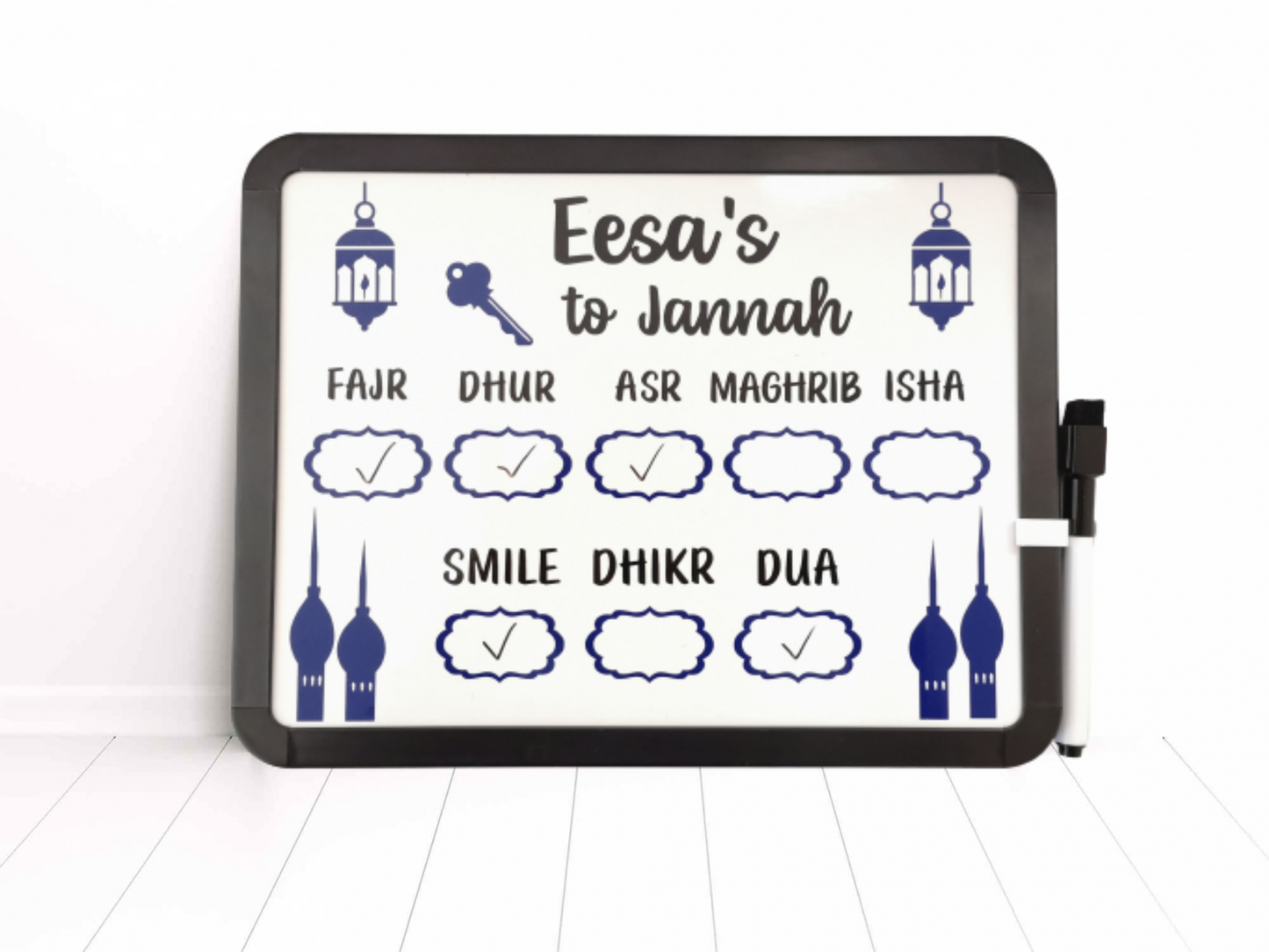 personalised name salah tracker for kids. Dry erase marker included. Daily reminder to smile, do dhikr and dua. 