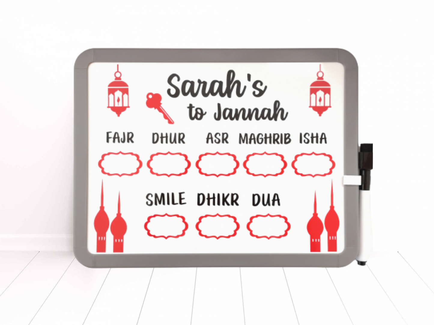 personalised name salah tracker for kids. Dry erase marker included. Daily reminder to smile, do dhikr and dua. 